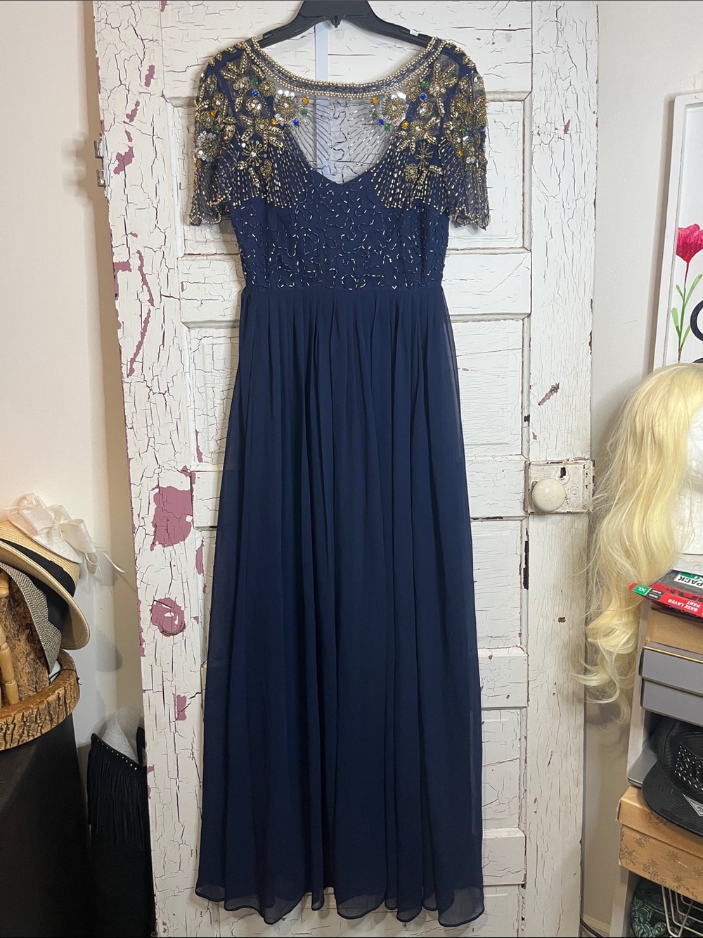 Virgo’s Lounge Navy Beaded Maxi Dress with Embellished Illusion Yoke UK Sz 10